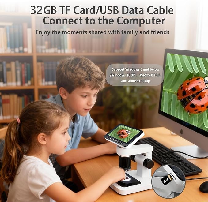 HoverBots Digital Microscope for Kids with 32 GB TF Card | 4.5" Screen Rechargeable Handheld Microscopes, Portable Educational Science Kits for Boys Girls Student Children
