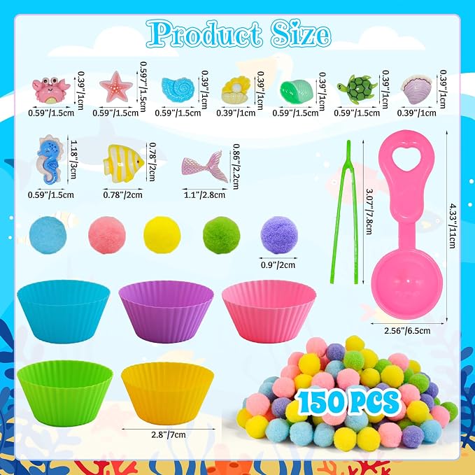 185pcs Summer Ocean Animal Sensory Bin Filler Fine Motor Toys Ocean Animals Sensory Bin Items Resin Crab, Starfish, Sea Snail, Pearl Shell Pom Poms for Preschool Education Counting Sorting