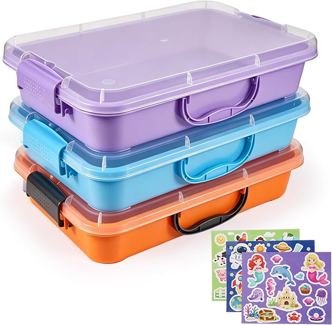 FIIOEOY 3 Pcs Sensory Bin Sand Tray with Lid & 3 Stickers, Stackable Storage Sensory Bin Containers with Lid, Portable Sandbox Organizers for Toys, Sand, Arts, Crafts (Purple, Blue, Orange)
