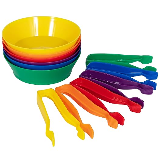 edxeducation Sorting Bowls & Tweezers, Set of 12, 6 Colors | Counting and Sorting Toy for Toddlers ages 18m+, Early Math and Fine Motor Skills