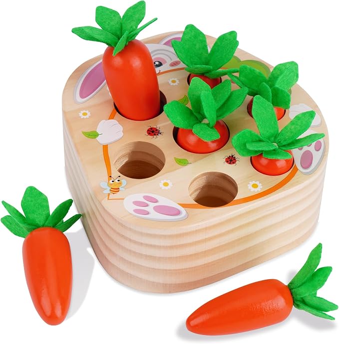 KMTJT Montessori Toys for 2 3 Year Old Toddlers | Wooden Carrot Harvest Toy | Sorting & Matching Game for 2+ Years, Fine Motor Skills Development, Educational Gifts for Baby Boys & Girls (Red)