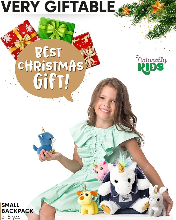 Naturally KIDS Toddler Unicorn Backpack w Plush Unicorn Toys for Kids 2-5 | Unicorn Gifts for Kids 2-6 Gift-Ready Box, Birthday Gifts for 2 3 4 5 6 Year Old Girls, Boys