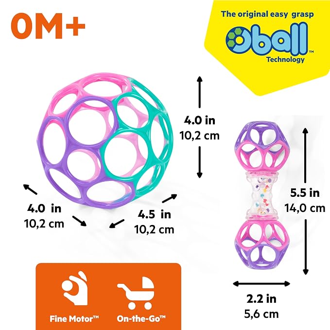 Bright Starts Delightful Duo 2-Pack Gift Set with Easy-Grasp Oball Rattles, Pink, Baby Toys for Newborn and Up