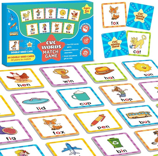 CVC Word Games Kindergarten, Memory Games for Kids Ages 4-8 & Matching Game | for Toddlers 3-5, 60 PCS Phonics Games Flash Cards, Educational Toys Homeschool Bakc to School Supplies for Boys and Girls
