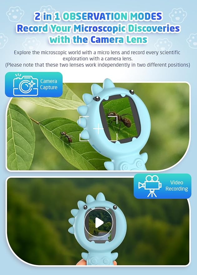 PHNIXGAM Kids Microscope Camera, 500X Handheld 2" IPS Screen, Blue Dinosaur | 2-in-1 design, supports multiple viewing angles, outdoor STEM toy, birthday gift for boys/girls 3-10, rechargeable/portable