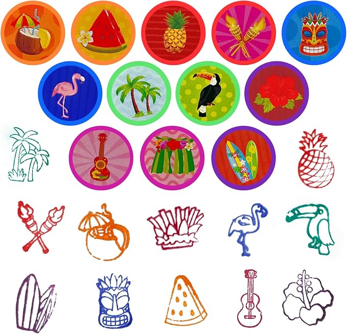 Cinrobiye 24 Pcs Hawaiian Luau Stampers for Kids, Tropical Party Favor Set, Hawaii Theme Stampers with Palm Tree Hibiscus Surf Designs, Luau Birthday Party Supplies, Classroom Rewards, Goody Bags