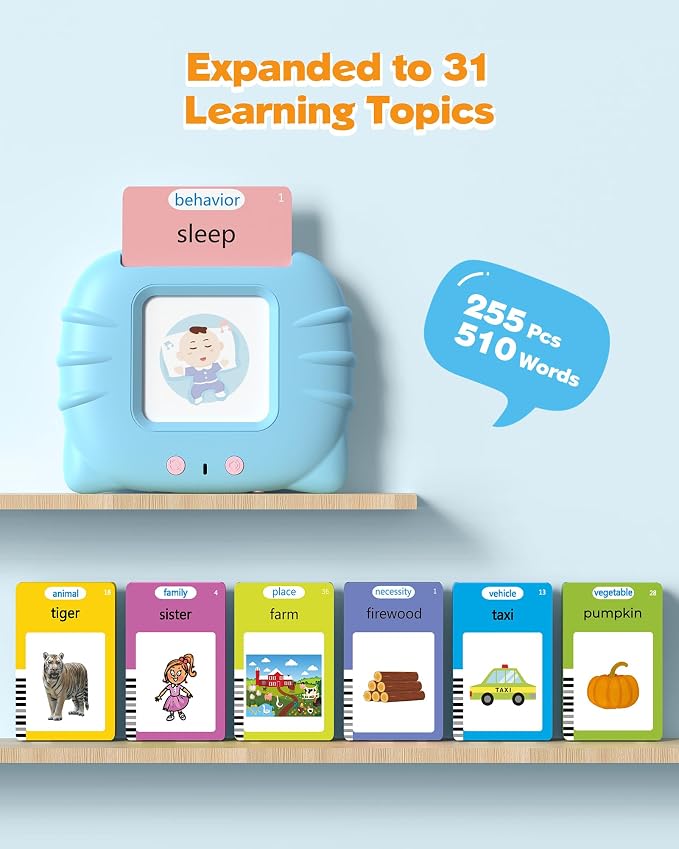 Airbition Talking Flash Cards for Toddlers Ages 1‑4, 510 Words English Blue | Montessori Language Learning Toys with 31 Themes, Children's Sensory Toys, Pocket Speech Therapy Device for Children