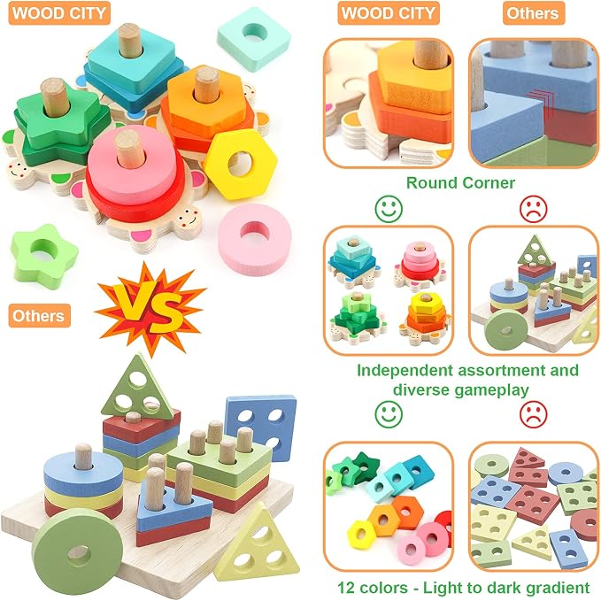 WOOD CITY Montessori Wooden Stacking Toy for Toddlers, Detachable Turtle Shape Sorter with Color & Size Recognition, Early Learning Educational Gift Develops Hand-Eye Coordination & Spatial Awareness