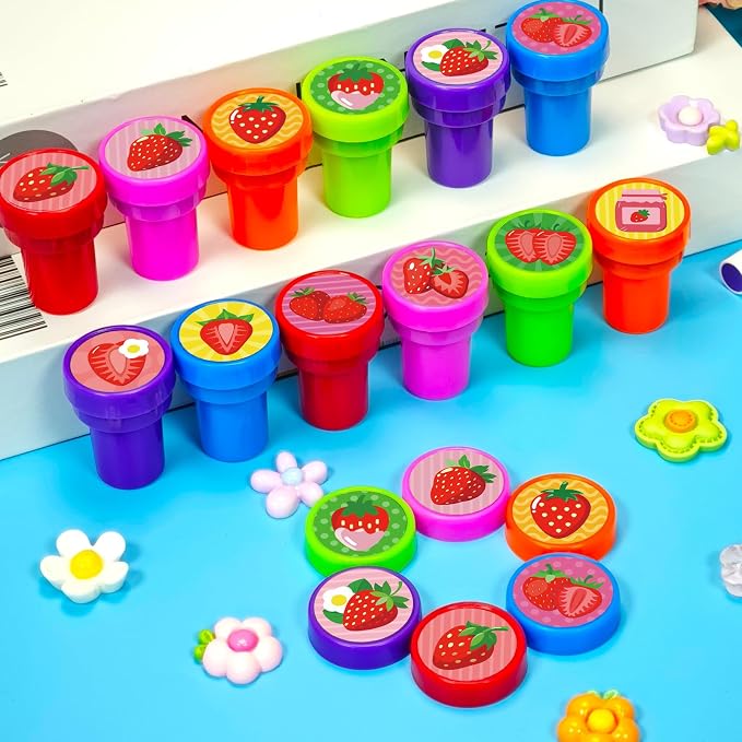 Cinrobiye 24 Pcs Strawberry Stampers Party Favors, Cute Fruit Pre Inked Stamps with 12 Sweet Berry Designs, Strawberry Birthday Party Supplies, Goodie Bag Fillers, Classroom Rewards, Carnival Prizes