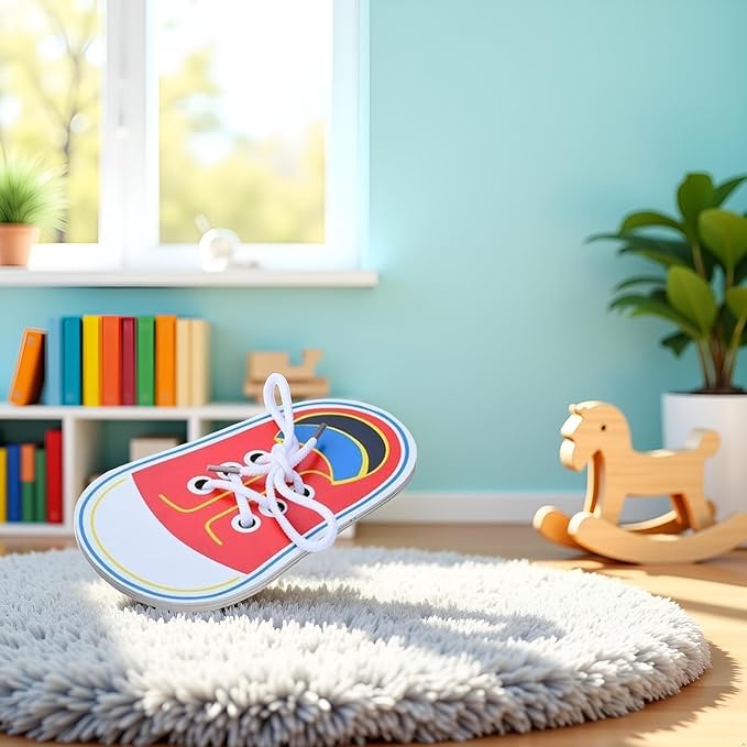 Red Wooden Shoe Tying Practice, Learn to Tie Your Own Shoes Threading Lacing Shoes Training Early Learning Kits, Threading Lacing Shoes Training Board Early Learning,Decorative Accessories
