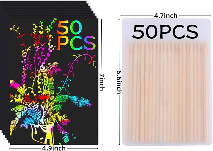 Cityrosy 100 Pcs Scratch Art Paper Rainbow Sets Arts and Crafts for Kids ﻿ | Classroom Supplies Black Magic Scratch Off Craft Set Kits for Age 3-12 Party Games Birthday Gifts Easter Basket Stuffers