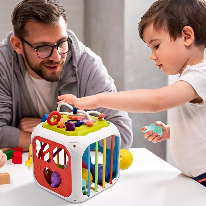 AiTuiTui Multifunction Baby Sensory Montessori Activity Cube Toys, Shape Sorter Early Learning Educational Interactive Toys for Infant Toddlers Boy Girl, Birthday Gifts Easter Basket Stuffers