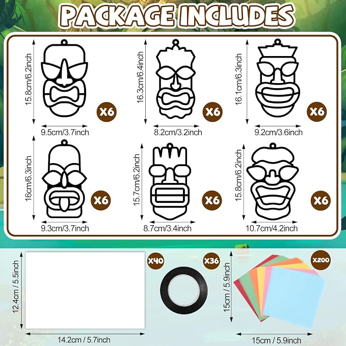 Qyeahkj 36 Set Tiki Theme Suncatchers Craft Tropical Hawaii Suncatchers Craft Kit Summer Luau Window Tissue Paper kit Window Hanging Decoration for Home Art Project Party Favor Gift