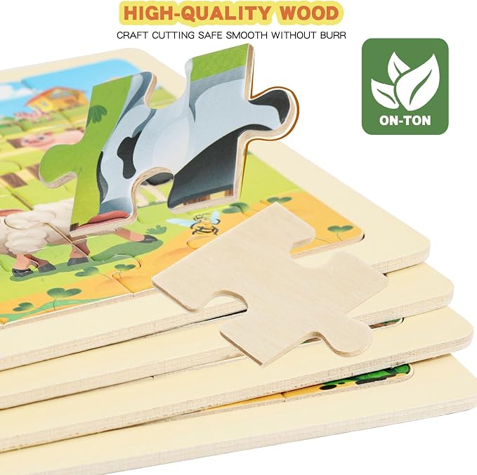 Wooden Puzzles for Kids Ages 4-6, 24 Piece Vehicle Car Construction Jigsaw Puzzles 4 Packs, Preschool Toddlers Learning Activity Puzzles Toys for Boys Girls 3 4 5 6 Years Old (Dinosaurs+Farm+Ocean)