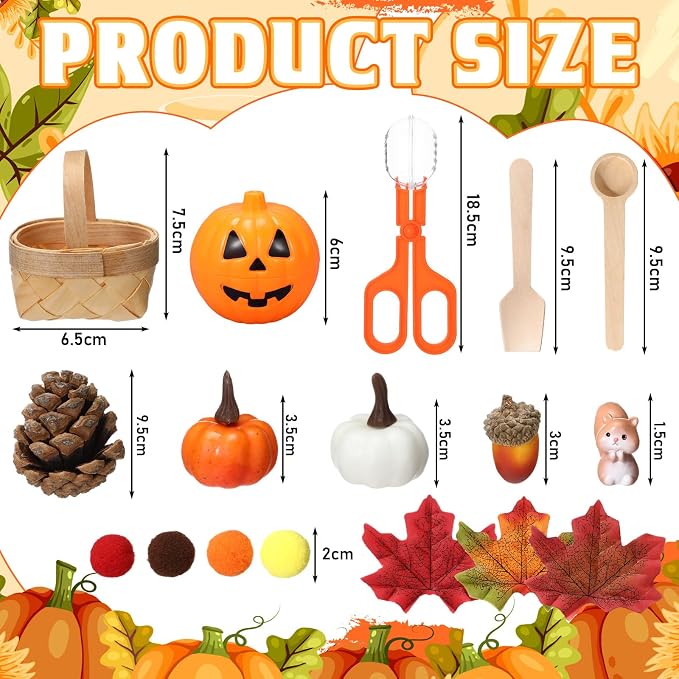 WinnerWhy 320 Pcs Fine Motor Toys Fall Thanksgiving Decorations, Sensory Bin Filler, Pumpkin Bowls, Woven Baskets, Pompom, Maple Leaves, Squirrels, Pumpkins, Acorns, Pine Cones for Autumn Party Decor