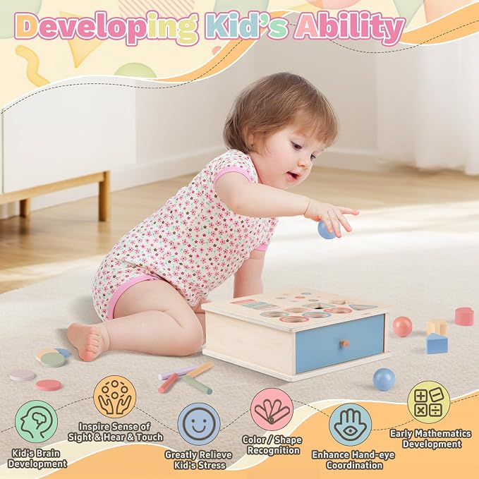 Pajojoqa Montessori Toys for 3 4 5 Color Sorting - Wooden Object Permanence Box with Drawer Sensory Toys Shape Sorter Education for Boy Girl Drop Busy Box 4 in 1