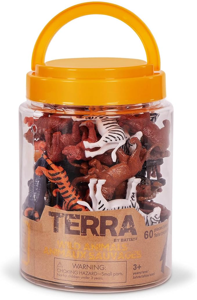 Terra by Battat Wild Animal Figurines Tube, 60 Mini Safari Figures, Animals | 60 realistic mini wild animal figures in a portable tube for pretend play, crafts, dioramas, sensory bins, Animals, 3+ Years