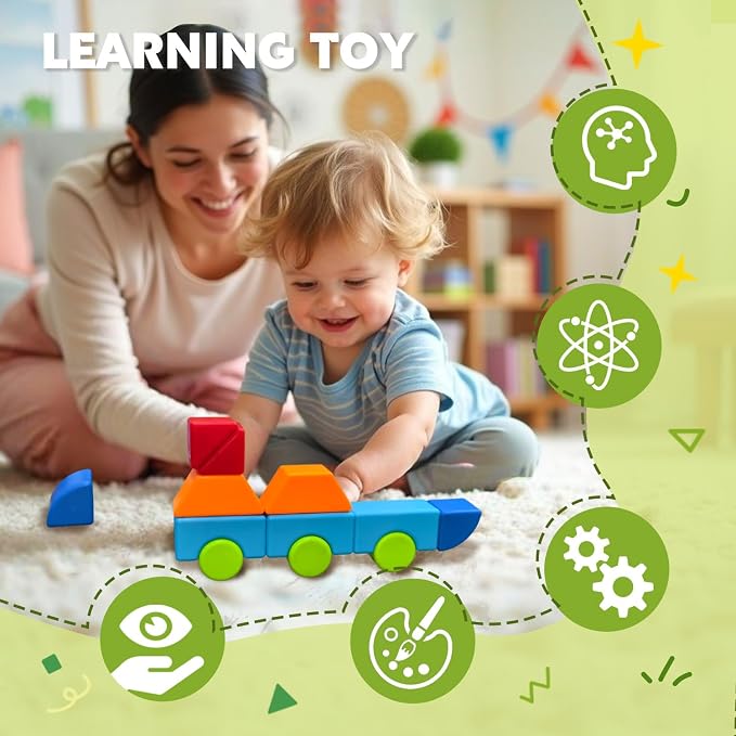 Pairez Toys Magnetic Blocks for Kids Ages 1-3, Large Building Blocks | Geometric 3D Shapes, 12 PCS Stacking Blocks Set, Montessori Sensory Toys for Toddlers, Boys & Girls, Kids Travel Toys