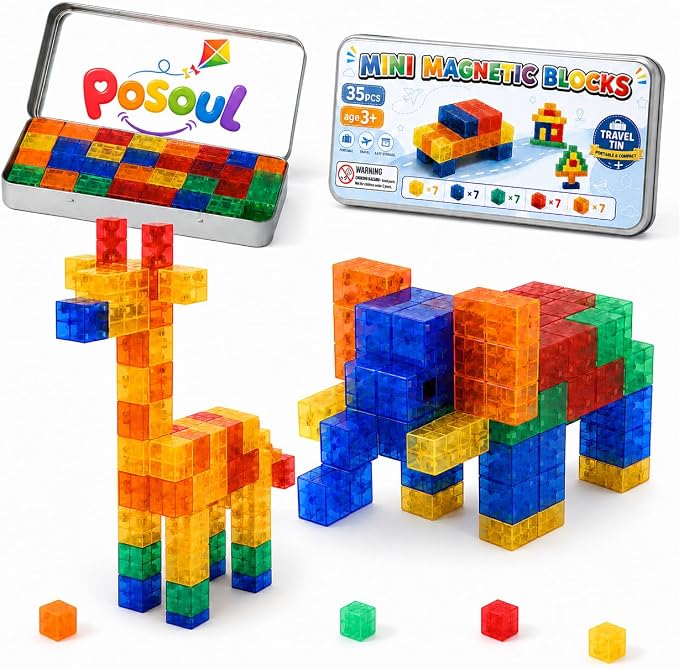 POSOUL 35-Piece Mini Magnetic Building Blocks Travel Set with Metal Storage Tin and Play Tray, Colorful Transparent Magnet Cubes, STEM Construction Toy with Idea Book for Kids Ages 3+