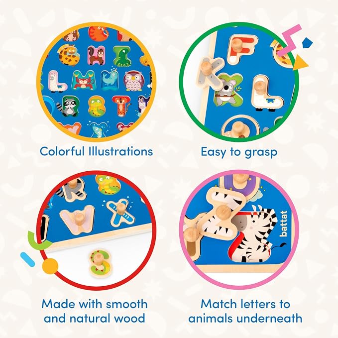 Battat Wooden ABC Peg Puzzle, Critter Alphabet Learning Toy, Alphabets | 27-piece wooden alphabet puzzle with 1 board and 26 letter pegs, colorful critter matching play, fine motor, 2+ Years