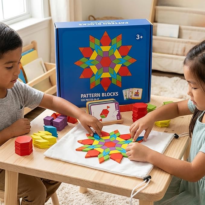 155 Pcs Wooden Pattern Blocks Set - Geometric Shape Puzzle for Kindergarten - Classic Educational Montessori Tangram Toys with 24 Design Cards for Kids Ages 3-8