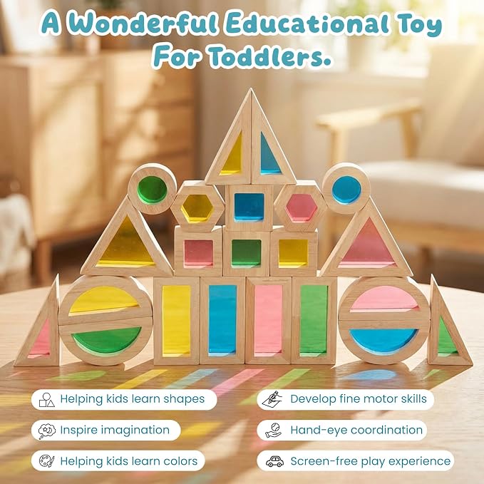 WOODENFUN Wooden Building Blocks Set for Kids, 22 Pcs Rainbow Stacker Game | Stacking Construction Toys Set Preschool Colorful Learning Educational Toys, Geometry Blocks for Boys Girls Birthday Gift