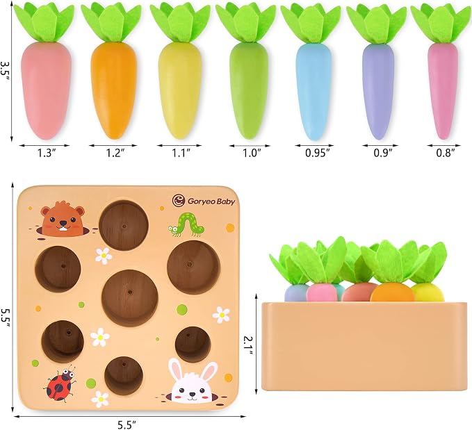 Montessori Toys for 2 3 Year Old Toddlers | Wooden Carrot Harvest Game | Kids Learning Educational Shape Sorting Toy for Toddler Boys and Girls, 18 Months Birthday Easter Gifts for Babies