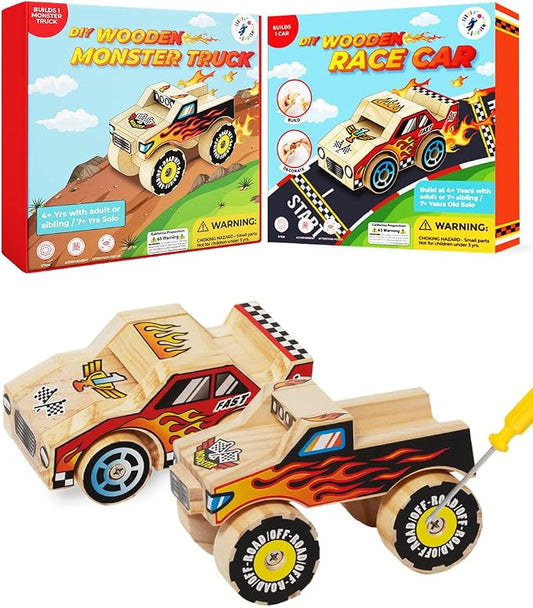 Little Jupiter DIY Wooden Kits w/Stickers - Kids Building Kit - Stem Toys for Ages 4-7 - Wood Crafts for Kids - Woodworking Kits (Monster Truck 1 & Race Car)