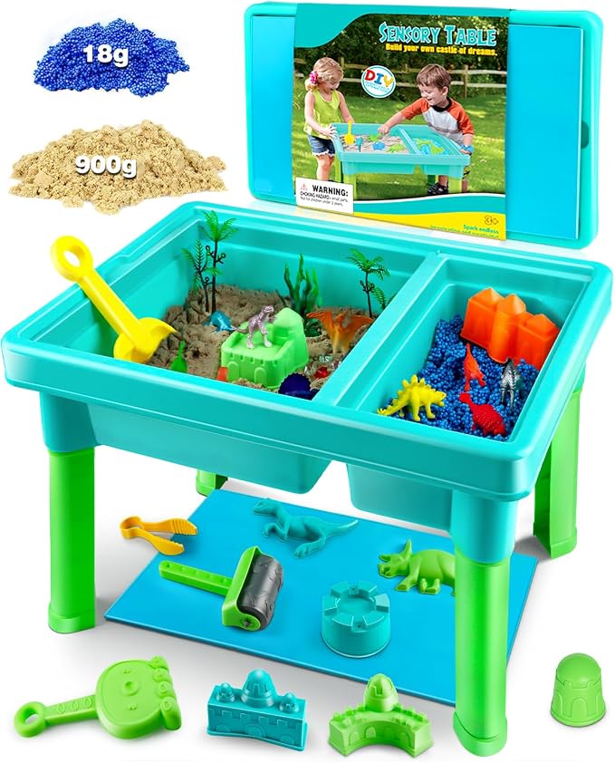 Sandbox Kit Sand Table : Sand Playset Bin with Lid Toys Toddler Dinosaur/Ocean Molds Sets Enhance Creativity & Exploration Skills - Outdoor Indoor Sensory Activity Gift for Small Kid Ages 3-5