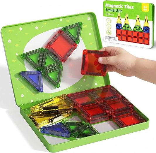 Travel Magnetic Tiles for Kids Car Games Road Trip Essentials | 26 PCS Mini Magnet Building Blocks in Tin Box to Stop Crying - 0.64 lb Pocket Size Educational Toy- Boys Girls Age 3-8