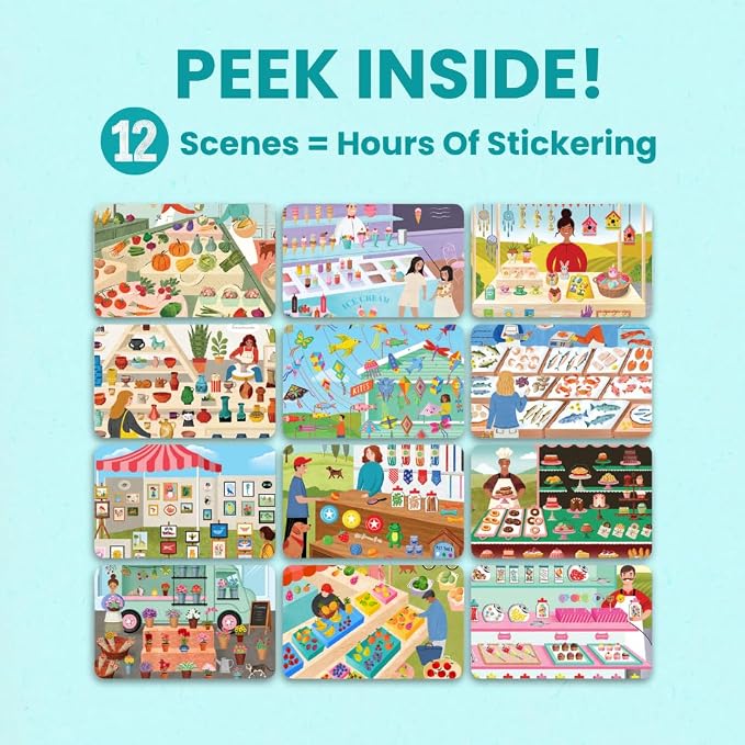 Farmer's Market 500+ Sticker Book by Cupkin Fun Toddler Travel Activity Coloring and Sticker Book, Road Trip Essentials, 12 Coloring Pages 12 Side by Side Scenes for Ages 2–8 Years