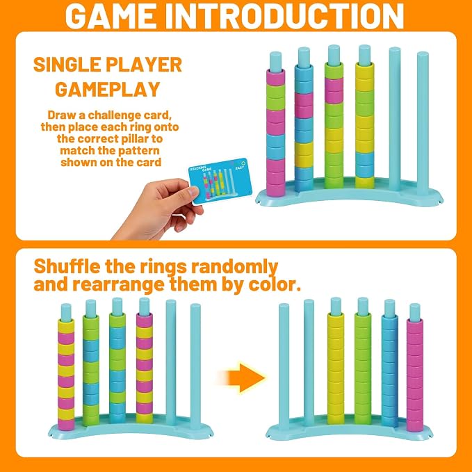 BBnote Color Matching Challenge Game, Fast Pattern Match Ring Stacking Puzzle Stack Games, 1-2 Players, Family Board Game for Kids & Adults, Birthday Easter Christmas Party Gifts for Boy & Girl