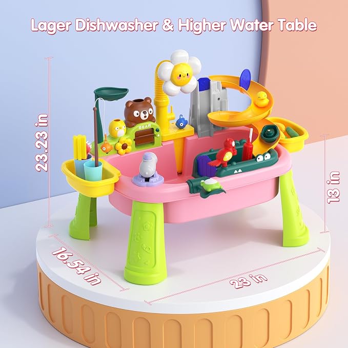 Water Table for Toddlers 1-3, Outdoor Toys for Kids Ages 4-8 with Pump, Kitchen Play Sink with Running Water, Fishing Toys Playset, Summer Outside Sand Water Sensory Activity Pool Toys Gifts, Pink