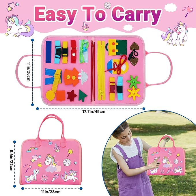 MEGRANATE Montessori Busy Board, Busy Book Educational Learning Toys for Kids Quiet Book Activity Books Fine Motor Skills Toys for 3+ Year Old Kids (Pink)