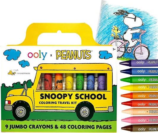 Ooly x Peanuts Coloring Book 9 Jumbo Crayon Kit - Snoopy | Ages 3+, Easy Grip, Handle Carry, Great for Car and Airplane Travel, Fun Gift