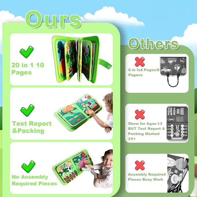 Busy Book for Toddlers 1-3, Montessori Toys for 1 2 Year Old Boy Girl Birthday Gifts, Farm Animal Busy Board Educational Learning Quiet Toddler Activity Book(Green)