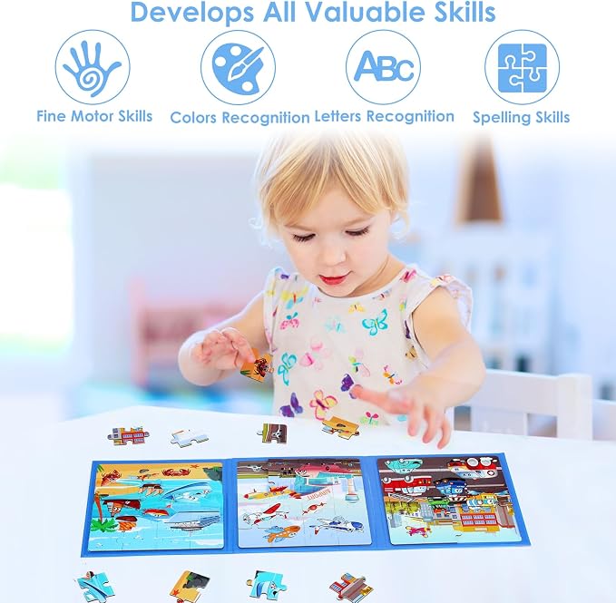 Magnetic Puzzles for Kids Ages 4-6, 20-Piece Preschooler Travel Toys Transportation Puzzles Ages 3-5, Educational Learning Magnets, Ideal Road Trip Activities Toys for 3 4 5 6 Boys and Girls