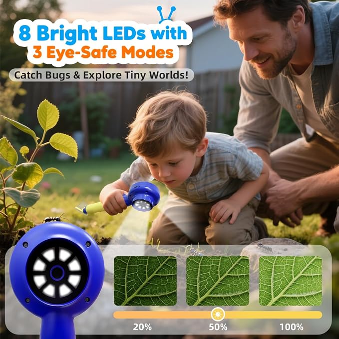 Kids Microscope with Bug Catcher Kit, 1080P Digital Mini Handheld Microscope STEM Science Toy with LED Light, Rechargeable, Portable, Supports 64GB TF Card, Educational Gift for Kids Ages 3-12 (Blue)