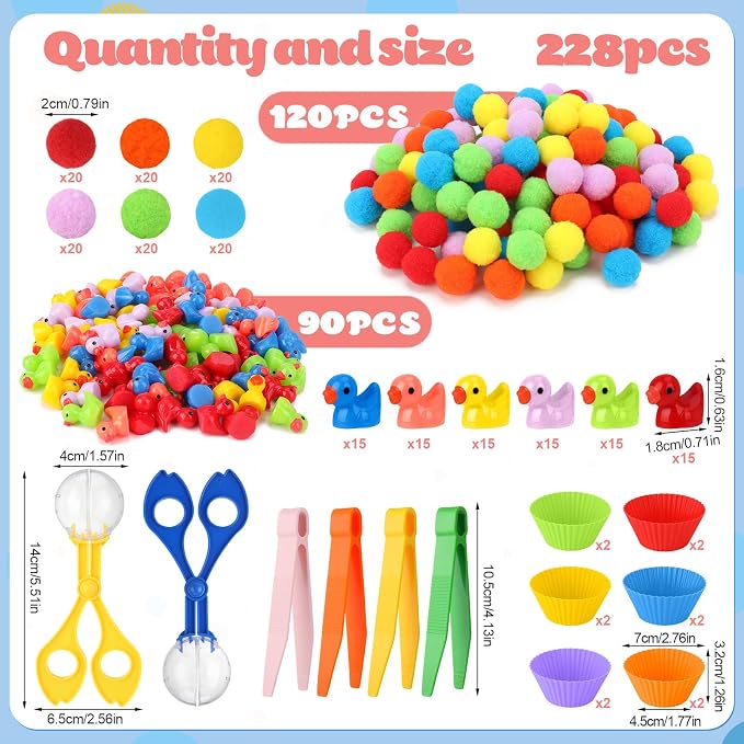 228 Pcs Colorful Sensory Bin Filler Fine Motor Toys Counting Sorting | 120Pcs Pom Pom 90Pcs Mini Resin Duck 12Pcs Sorting Cups 4Pcs Tweezers 2Pcs Scissors Clips for Preschool Early Education