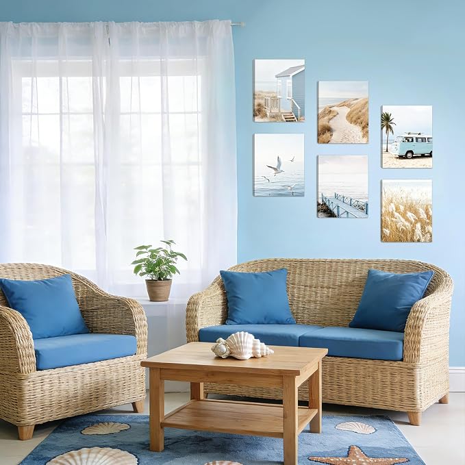 HOURIA 6Pcs Coastal Beach Canvas Wall Art(12”x16”), Summer Blue Ocean Sand Seascape Wall Decor,Vintage Cabin Camper Van Boardwalk Seagulls Art Print for Farmhouse Living Room Bedroom Office