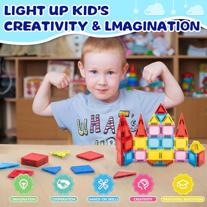Mini Magnetic Tiles 32 Pcs, STEM Building Blocks Travel Toy for Kids | Encourages creativity, fine motor skills, and problem-solving through hands-on construction and imaginative play