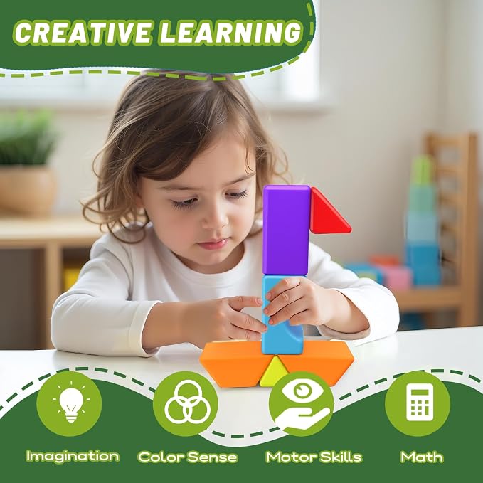 Pairez Toys Large Magnetic Building Blocks for Kids, 14pcs Magnet Toys | Toddlers Building Blocks in 7 Shapes & 7 Colors, 1.65in Large Magnetic Cubes, Preschool Learning Toy for Boys & Girls Ages 3+