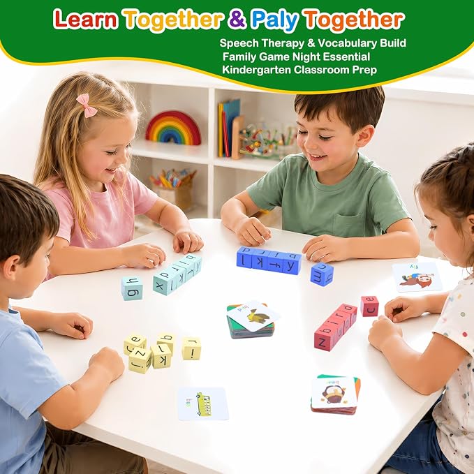 Spelling Games for Kids Ages 3-6, CVC Word Matching Letter Game, Phonics Learning Toy with 54 Flash Cards for Preschool Boys Girls