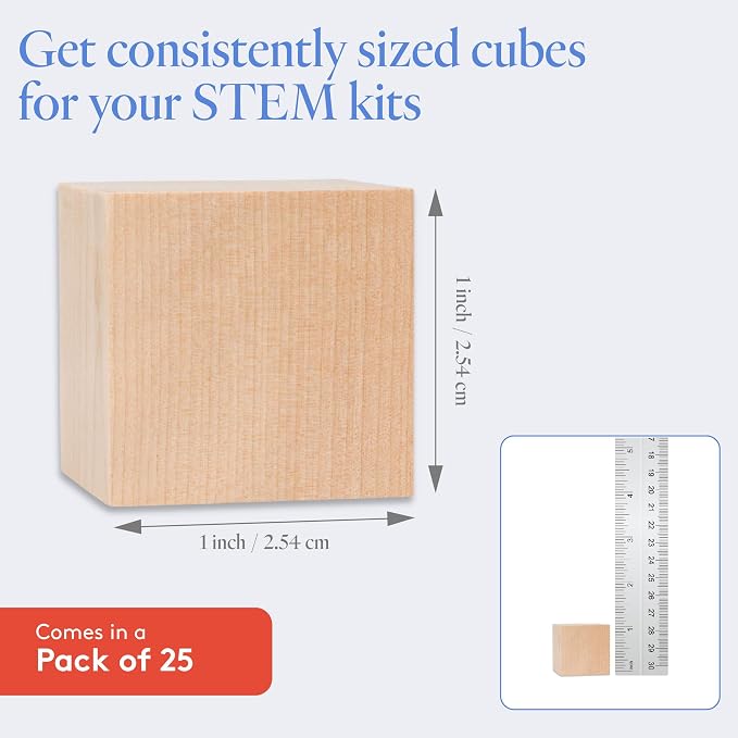 DIY Wood Cubes 1-inch, Pack of 25 Small Wooden Blocks, Wooden Blocks for Crafts, STEM, Building, and Blank Wood Dice, by Woodpeckers