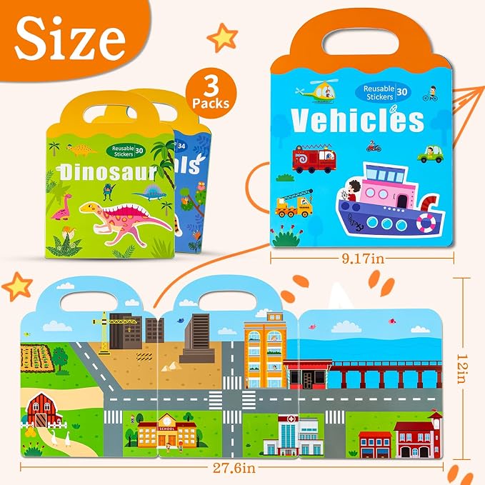 3 Pack Magnetic Reusable Sticker Book for Kids Ages 3-6, Vehicles, Farmhouse Animal, Dinosaur, 3 Hot Topics magnet Activity Book for Boys Girls Road Trip Airplane Train Travel Toy Birthday Gifts