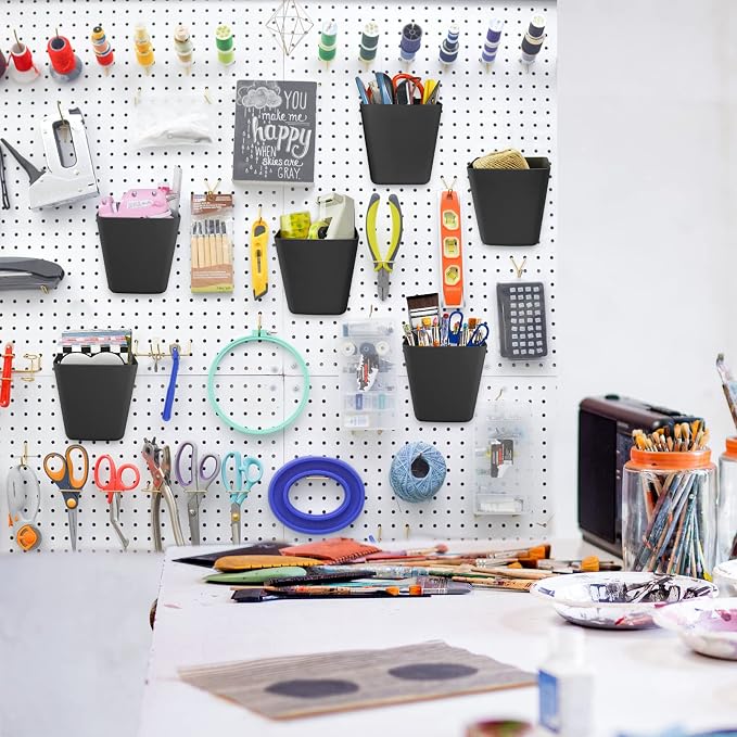 Large Pegboard Cups, 6Pack Peg Board Square Storage Bins With Hooks (Black) | Big Open-Mouth Cups, 1/8" 1/4" Pegboard Organizer Accessories, Cup Holder for Craft Garage Workbench Office Tools Supplies