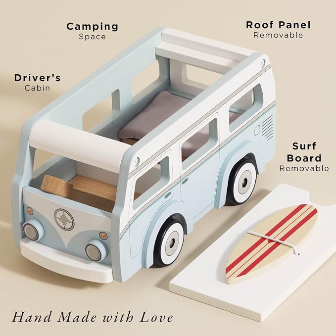 Le Toy Van Wooden Holiday Campervan with Surfboard | Wooden Toy Vehicle, FSC Certified Wood, 100% Plastic Free
