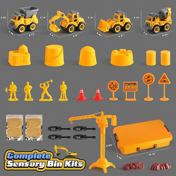 OENUX Construction Play Sand Kit with 4 Take Apart Trucks for Boys Age 3-8 | 2.2lbs Soft Play Sand, Sandbox with Lid, Sand Toys, Sensory Bin with 4 Sand Molds, Easy to Clean and Storage, Gift Idea
