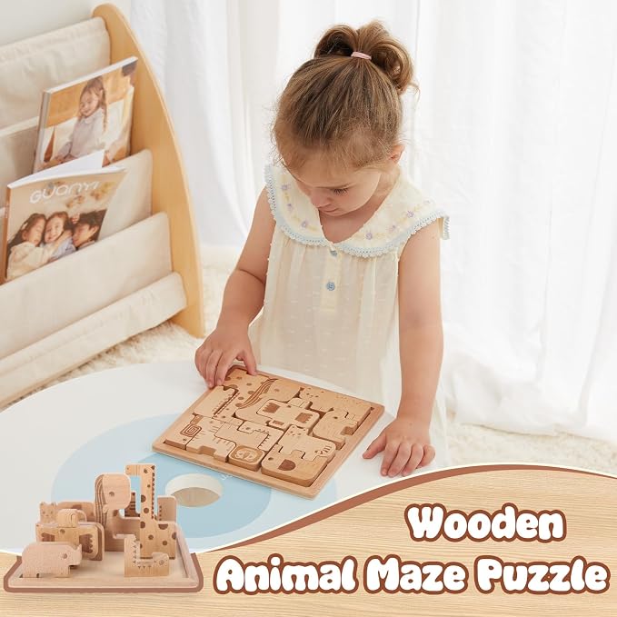 Freniland Wooden Animal Puzzle for Toddlers, 2-in-1 Safari Animal Puzzle & Stacking Toy, Easy-Grip Peg Board Montessori Shape Matching for Kids 18M+