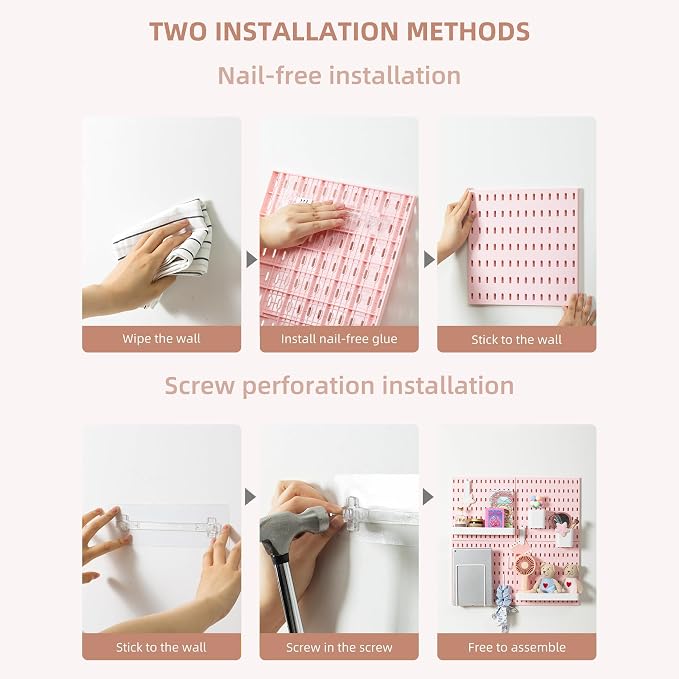 VUSIGN Pegboard Combination Wall Organizer Kit 22" x 22", Pink | 4 Pieces Pegboards and 17 Accessories, Wall Mount Display Peg board Panel Kits for Bedroom, Home, Office, Bathroom